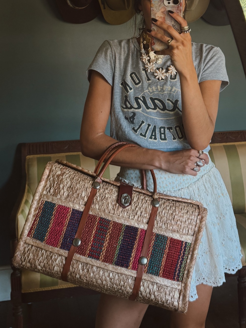 Extra large Woven Straw Tote Bag with Multicolor Stripe Panels